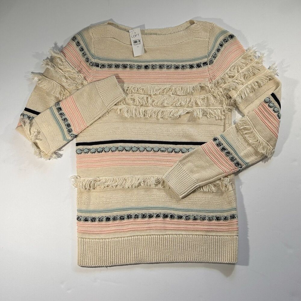 Loft Boatneck Sweater Womens XS Chunky Knit Fringe Cotton Cream Pink Stripes NWT
